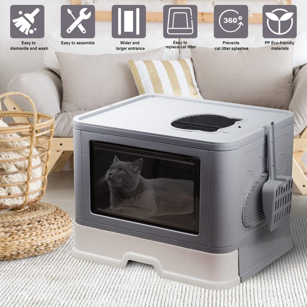 Katzenklo, Katzentoilette mit Deckel, Katzenklo inklusive Schaufel, ausziehbares Tablett, 2 Öffnunge