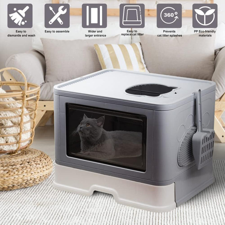 Katzenklo, Katzentoilette mit Deckel, Katzenklo inklusive Schaufel, ausziehbares Tablett, 2 Öffnunge