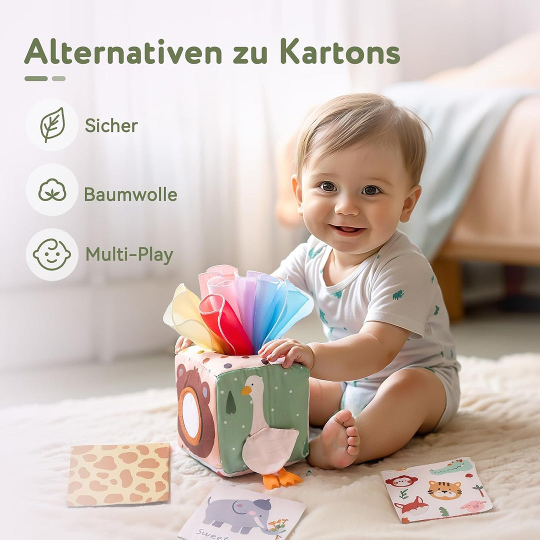 WOODEN TEETHER Tissue Box Montessori Motorikspielzeug, 6-12 Monate Sensorik Baby Spielzeug mit Spieg