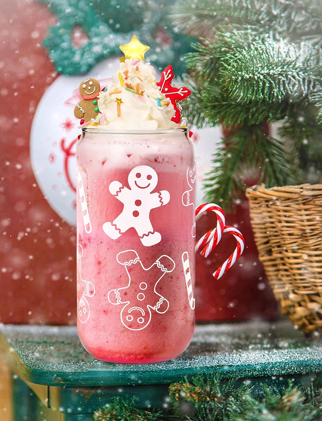 Weihnachtstassen, 550ml Weihnachtskaffee Tassen Bier Dose Glas mit Deckel und Stroh Weihnachten Lebk