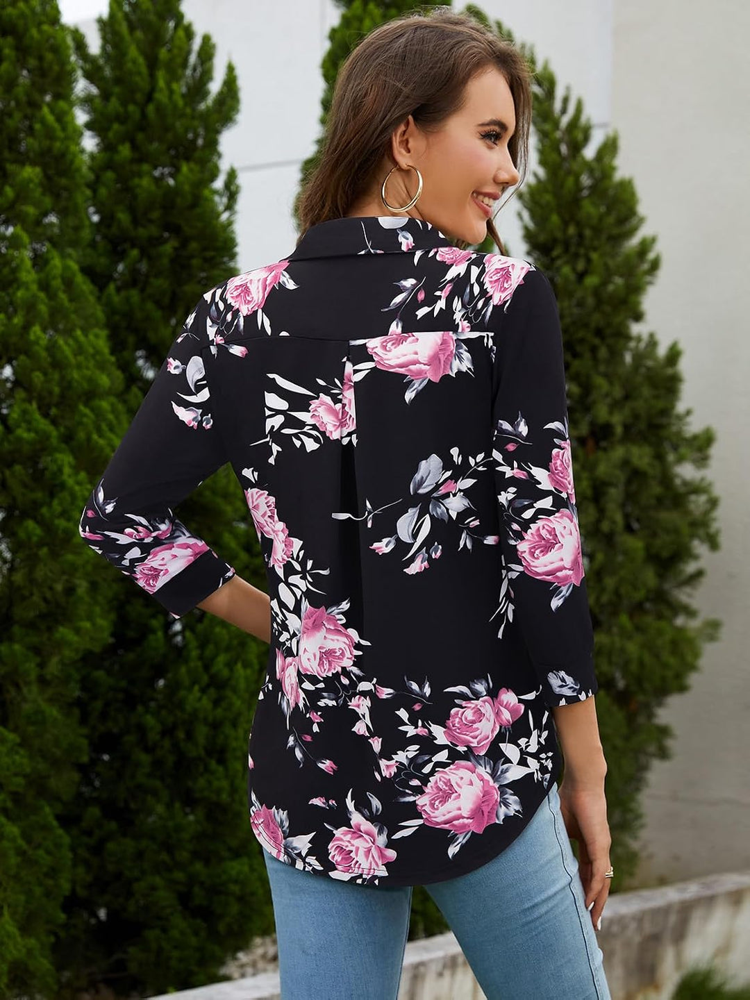 Siddhe Damen V-Ausschnitt Bluse 3/4 Ärmel Oberteile Tunika Tops Locker Longshirt Lässige T-Shirt Lan