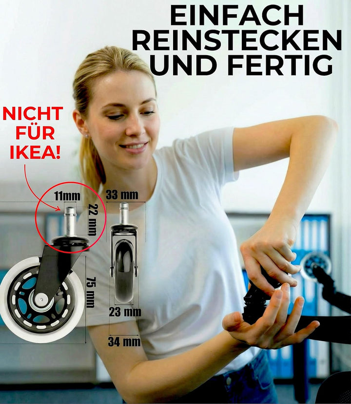 XeloTech 5er Set Hartboden-Rollen für Bürostuhl - 11mm x 22 mm - Sehr leise Bürostuhlrollen - Nie Wi
