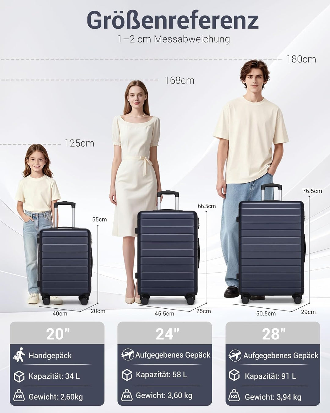Koffer Mittelgross L 66cm, Leichter ABS+PC Reisekoffer für Flugzeug, Ryanair Trolley mit 4 Rollen, H