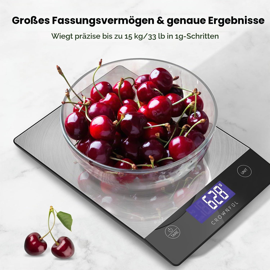 CROWNFUL Wiederaufladbare Lebensmittel-Küchenwaage, 33-Pfund-Digitalwaage, Food Scale zum Backen und