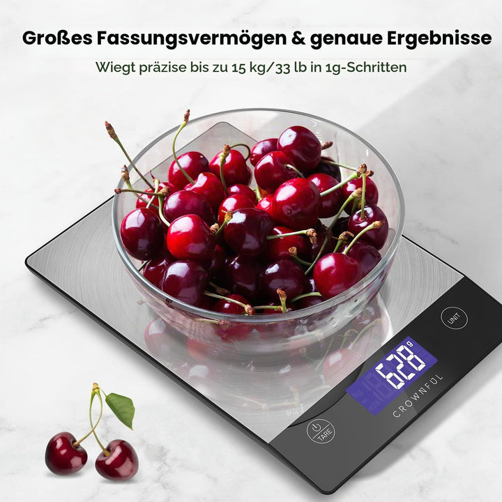 CROWNFUL Wiederaufladbare Lebensmittel-Küchenwaage, 33-Pfund-Digitalwaage, Food Scale zum Backen und