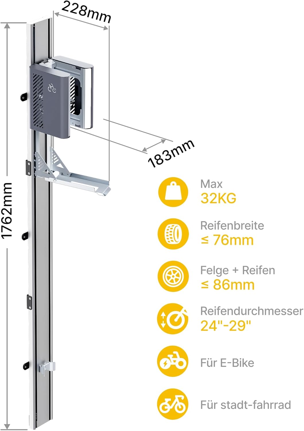 monTEK Automatischer Fahrradlift – Vertikaler Fahrradträger für schwere Fahrräder (bis 32 kg) – plat