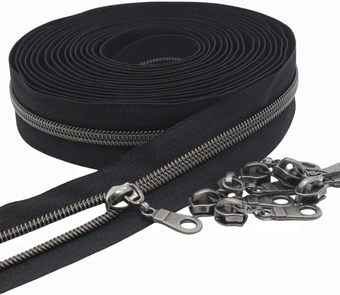 MebuZip 9 m Altsilber endlos Reissverschluss Meterware Reissverschluss Nylon 6mm-Spirale + 25 Nonloc