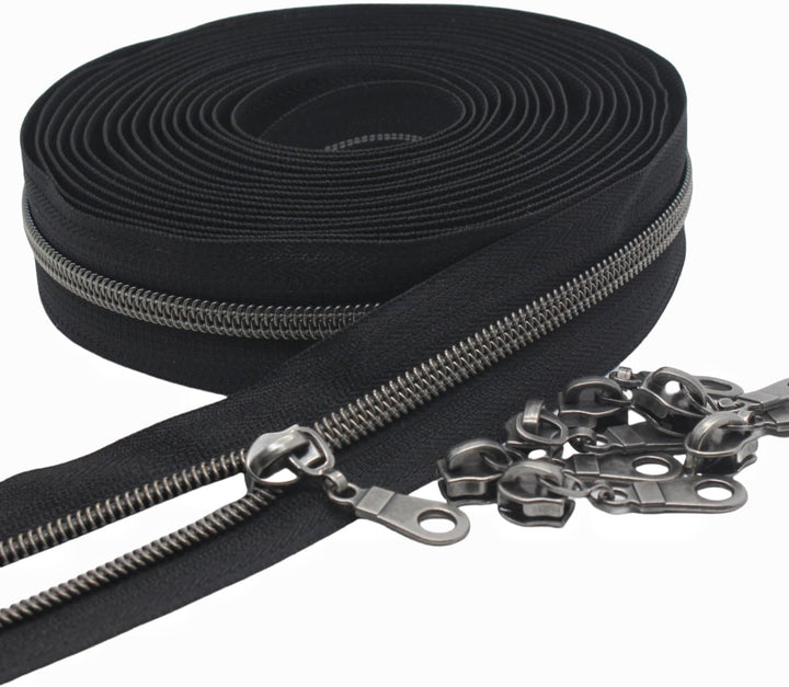 MebuZip 9 m Altsilber endlos Reissverschluss Meterware Reissverschluss Nylon 6mm-Spirale + 25 Nonloc