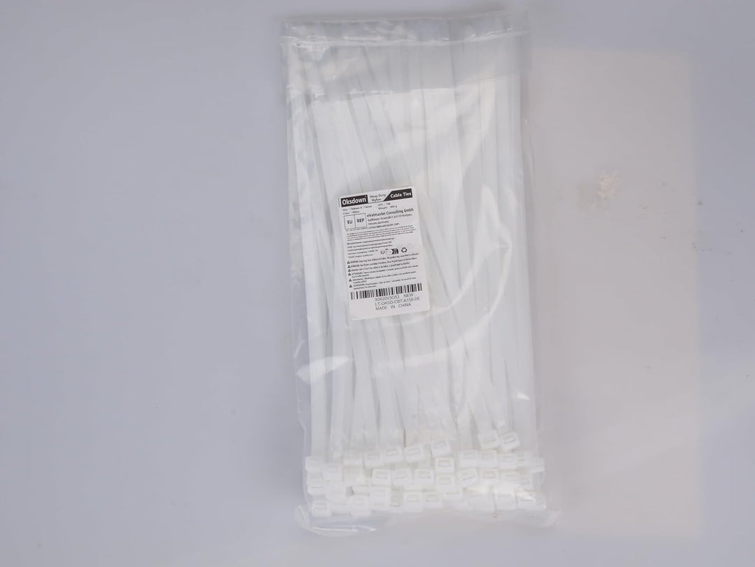 Oksdown 760mm × 7,6mm Breit 100 Stück Stark Kabelbinder mit 55 kg Zugfestigkeit weiss UV-Beständig G