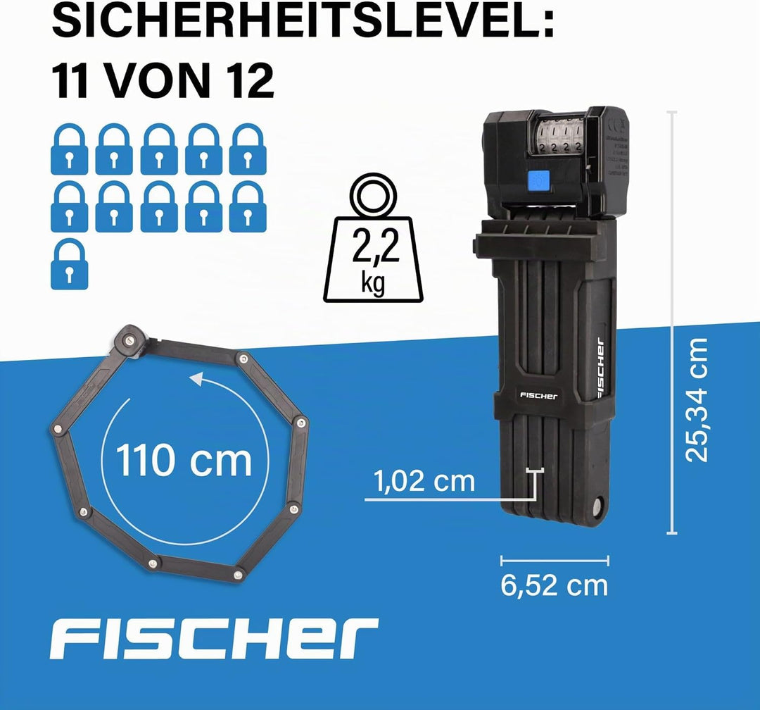 FISCHER PROTEC Plus+ FN110 Fahrrad Faltschloss mit Zahlenschloss, mit praktischer Handhabung, überzo