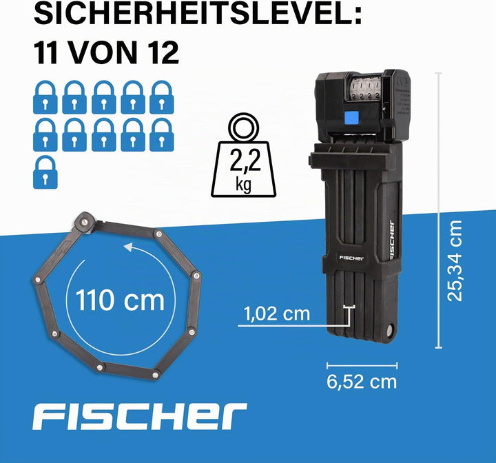 FISCHER PROTEC Plus+ FN110 Fahrrad Faltschloss mit Zahlenschloss, mit praktischer Handhabung, überzo