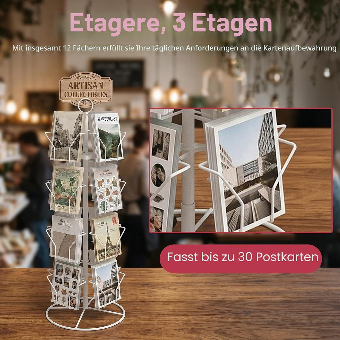 3-Stufiger Postkartenständer, Kartenständer Drehbar mit 12 Fächern, Postkarten Ständer für Postkarte