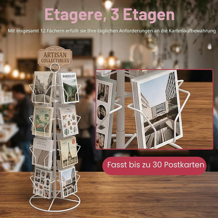 3-Stufiger Postkartenständer, Kartenständer Drehbar mit 12 Fächern, Postkarten Ständer für Postkarte