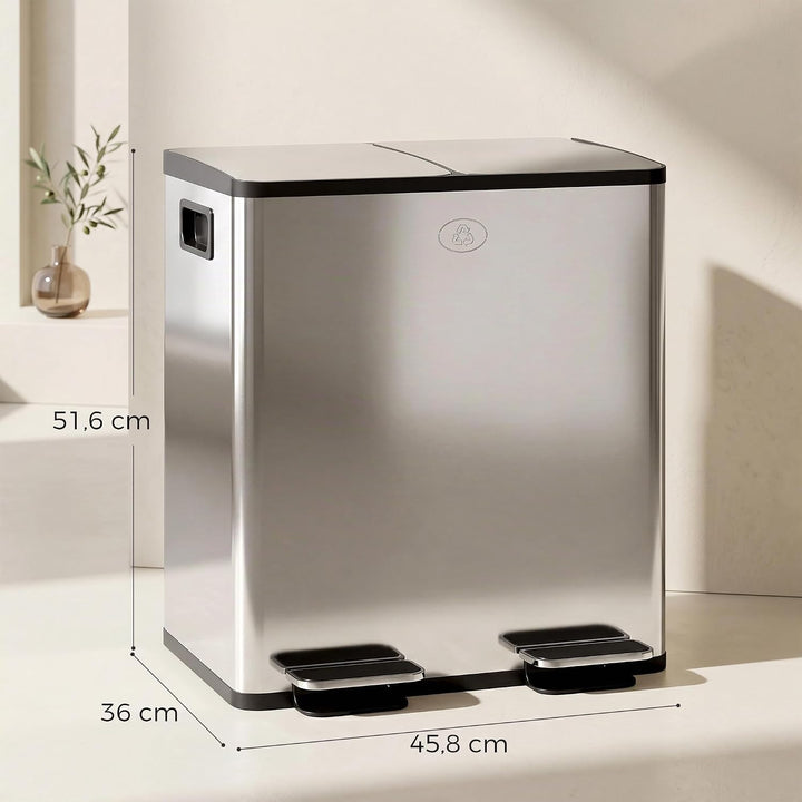 HOMCOM Mülleimer 2 x 20L Abfalleimer aus Edelstahl Mülltrennsystem mit Softclose Deckel, Herausnehmb