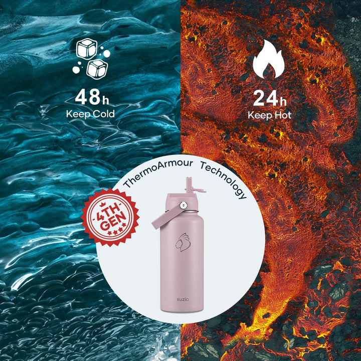 BUZIO 1L Isolierte Wasserflasche, Dreiwandige Vakuum-Edelstahl-Wasserflasche mit Strohdeckel, Auslau