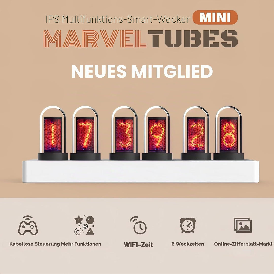 Vastarry Nixie Röhrenuhr, Leuchtröhre, IPS-Farbbildschirm, Digitaluhr mit 6 Sets von Weckern, 7 Modi