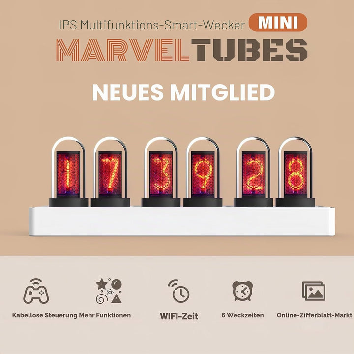 Vastarry Nixie Röhrenuhr, Leuchtröhre, IPS-Farbbildschirm, Digitaluhr mit 6 Sets von Weckern, 7 Modi