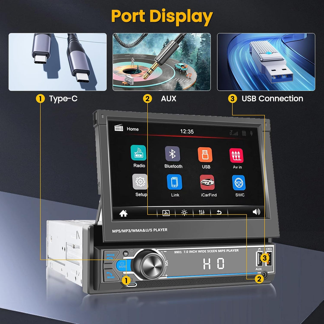 Hikity 1 Din Autoradio mit 7 Zoll Manuell Einziehbarer Touch Display Radio mit Ausfahrbarem Bildschi