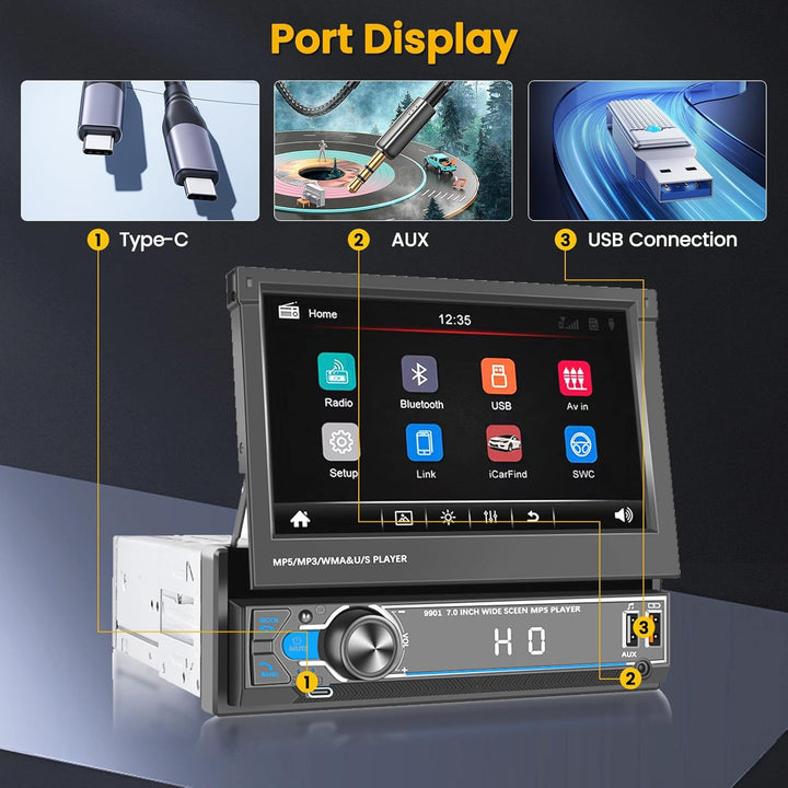 Hikity 1 Din Autoradio mit 7 Zoll Manuell Einziehbarer Touch Display Radio mit Ausfahrbarem Bildschi