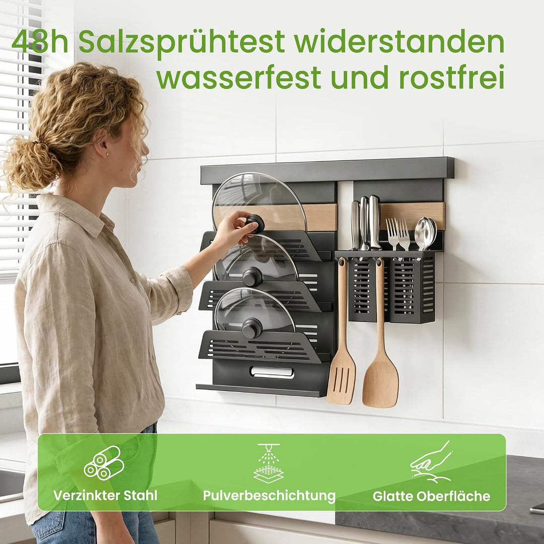 Mai & Mai Topfdeckelhalter mit Utensilientöpfe inkl. 5 Haken, Multifunktional Küchenregal abnehmbar