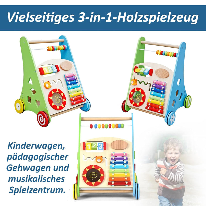 COIL 3-in-1 Holzpuppenwagen Lernspielzeug Musikwagen Laufhilfe Labyrinth Abakus Becken Trommel Forme