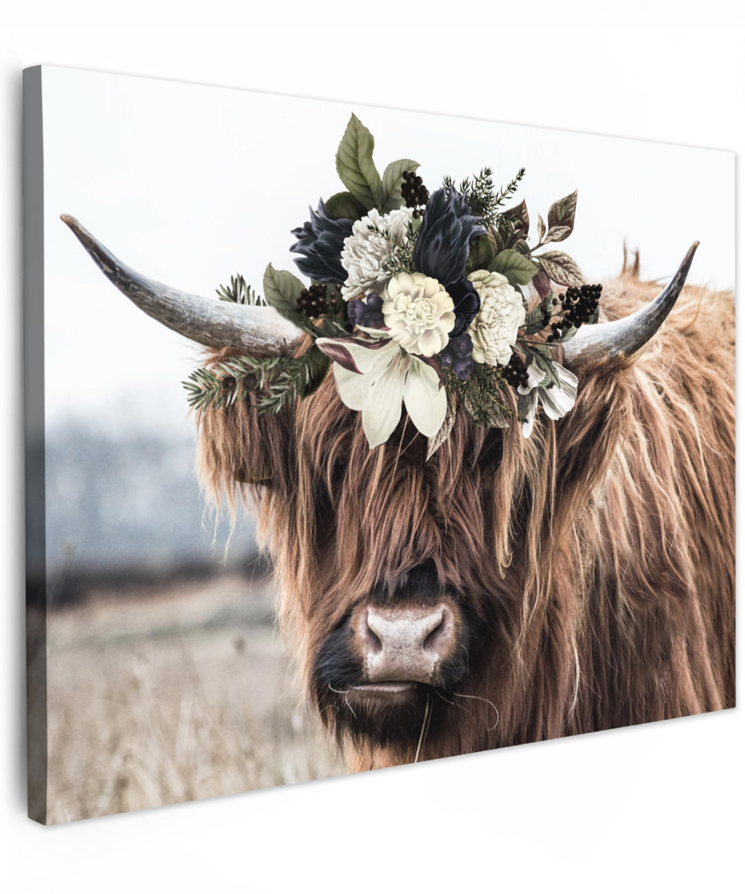 MuchoWow Leinwand Bilder, Einzigartige Wanddeko mit Rahmen, Schottische Highlander - Blumen - Hoorn,