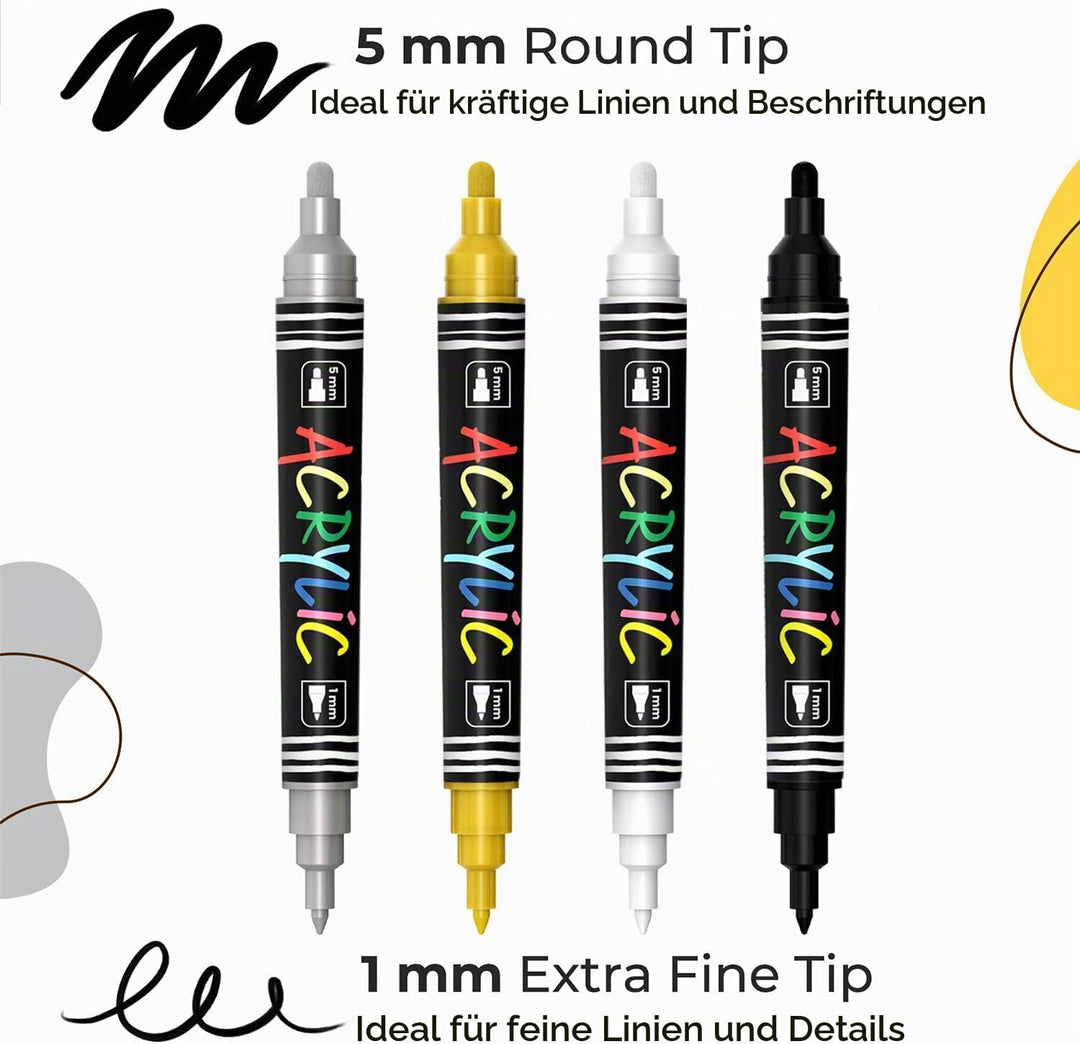 Chalkola 4 Acrylmarker Dualspitze (Weiss, Schwarz, Gold &amp; Silber) 1mm+5mm Acrylic Marker, Acrylstift