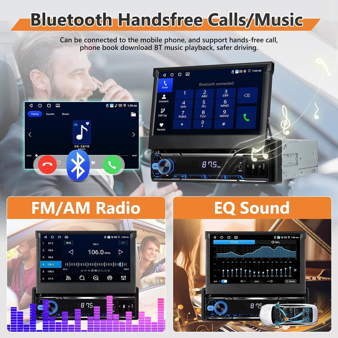 Single Din 4GB+64GB Autoradio mit kabellosem CarPlay Android Auto, 7" Flip Out 1 Din Car Stereo mit