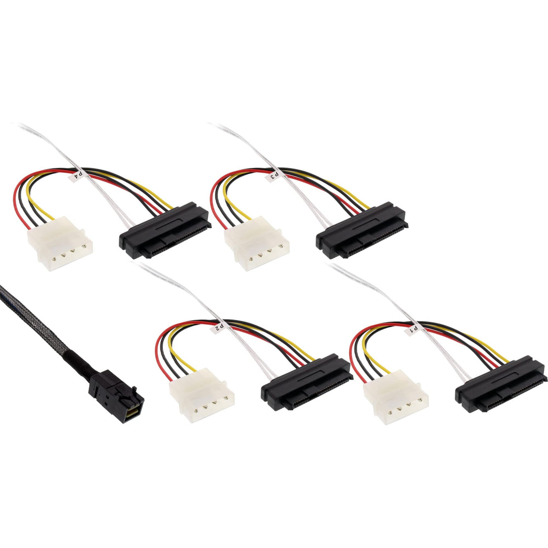 InLine 27632B Mini SAS HD Kabel, SFF-8643 zu 4x SFF-8482 (29-pol.) + Strom, 1m