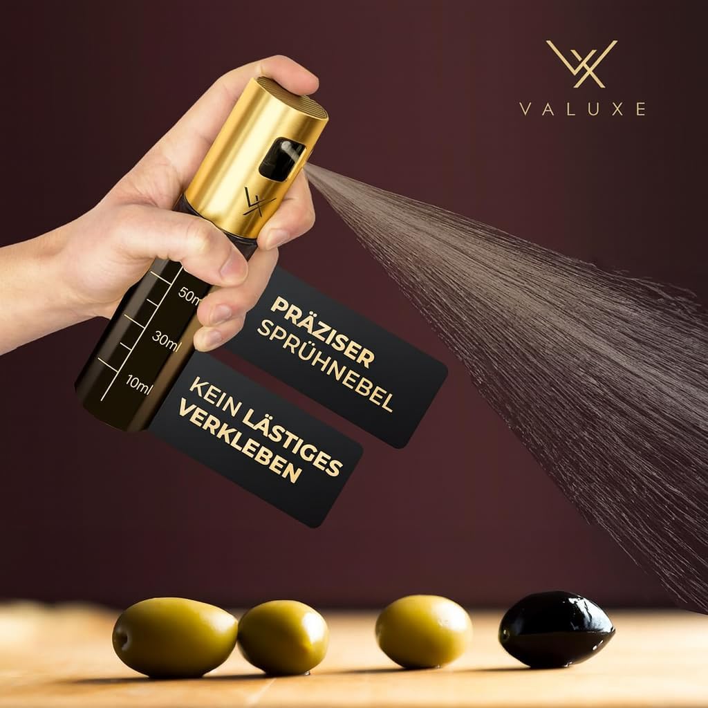 VALUXE® Ölsprüher für Speiseöl und Essig mit UV-Schutz Glas & Sprühfilter - Edelstahl Öl-Sprühflasch