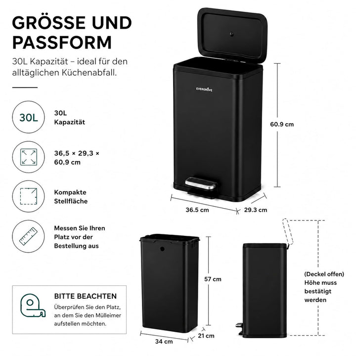 EverGrove Recycling Edelstahl-Mülleimer mit Fusspedal (Schwarz, 30, Liter)