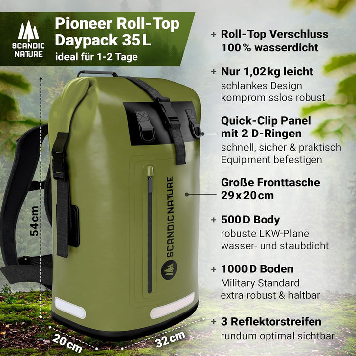 PIONEER wasserdichter Rucksack mit Rolltop Verschluss 35L 55L schwarz gelb oliv-grün - extra robust