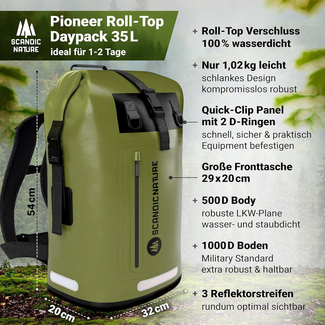 PIONEER wasserdichter Rucksack mit Rolltop Verschluss 35L 55L schwarz gelb oliv-grün - extra robust