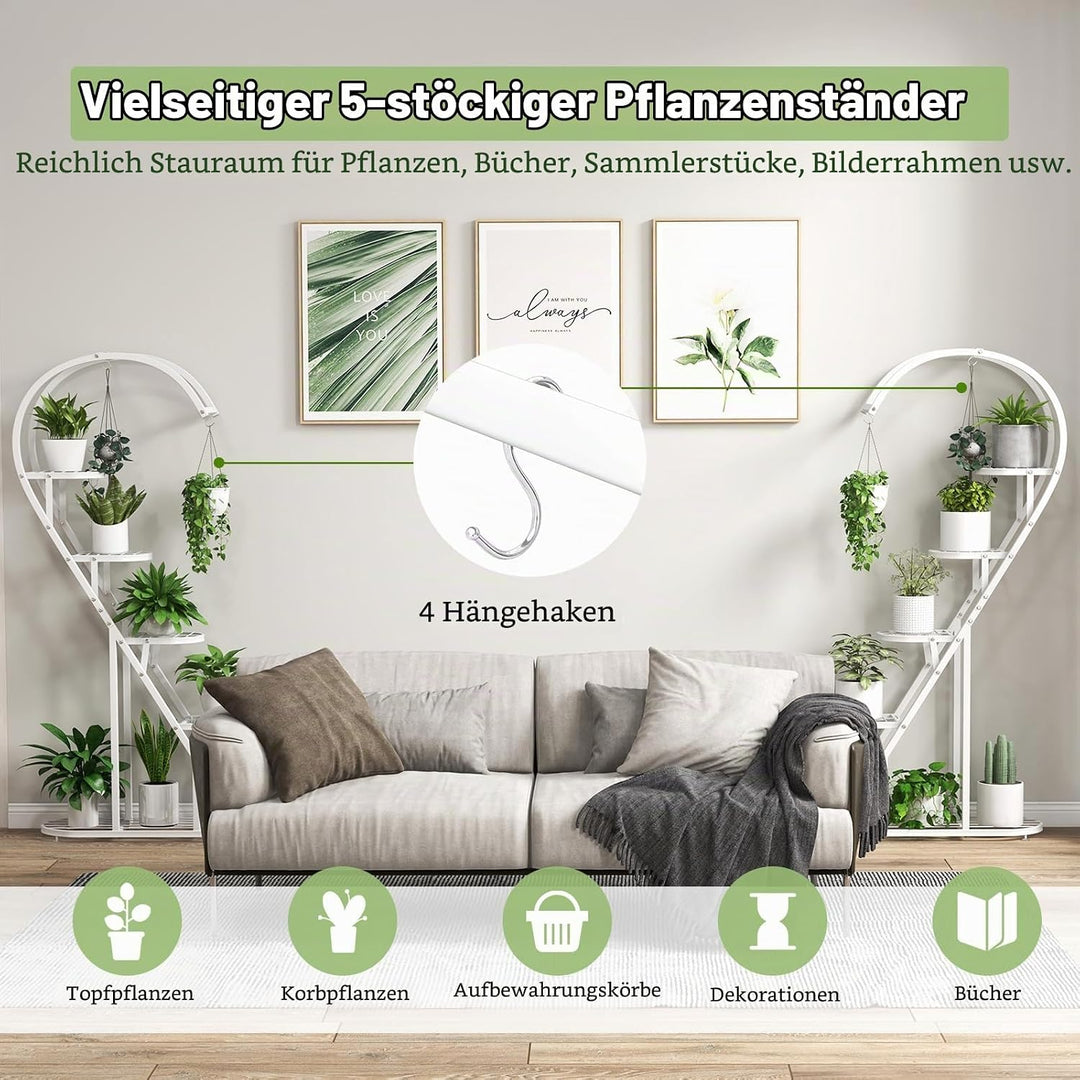 HOMASIS 5 Etagen Metall Pflanzenständer herzförmig, mehrstöckig Blumenständer mit Haken, Blumentopfs