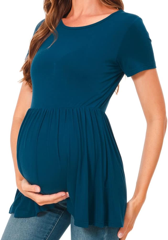 Bearsland Maternity Tops Short Sleeve Scoop Neck Breastfeeding T-Shirt Pregnancy Clothes, M Lake Blu