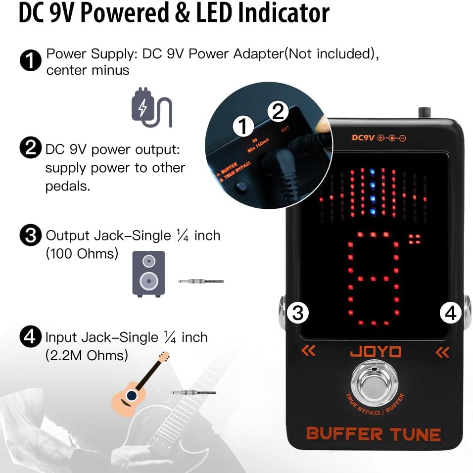JOYO Buffer Tune Tuner Pedal mit Eingebautem Puffer Präziser Stimmung und LED-Bildschirm für Gitarre