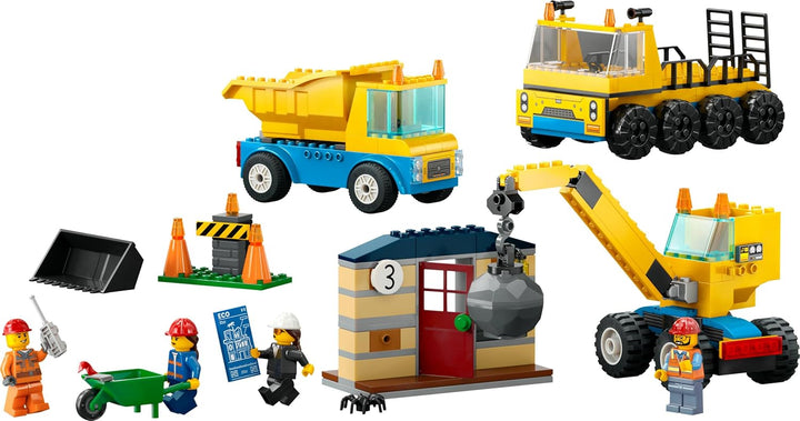 LEGO City Baufahrzeuge und Kran mit Abrissbirne, Spielzeug mit Bagger, Kipper und Transportfahrzeuge