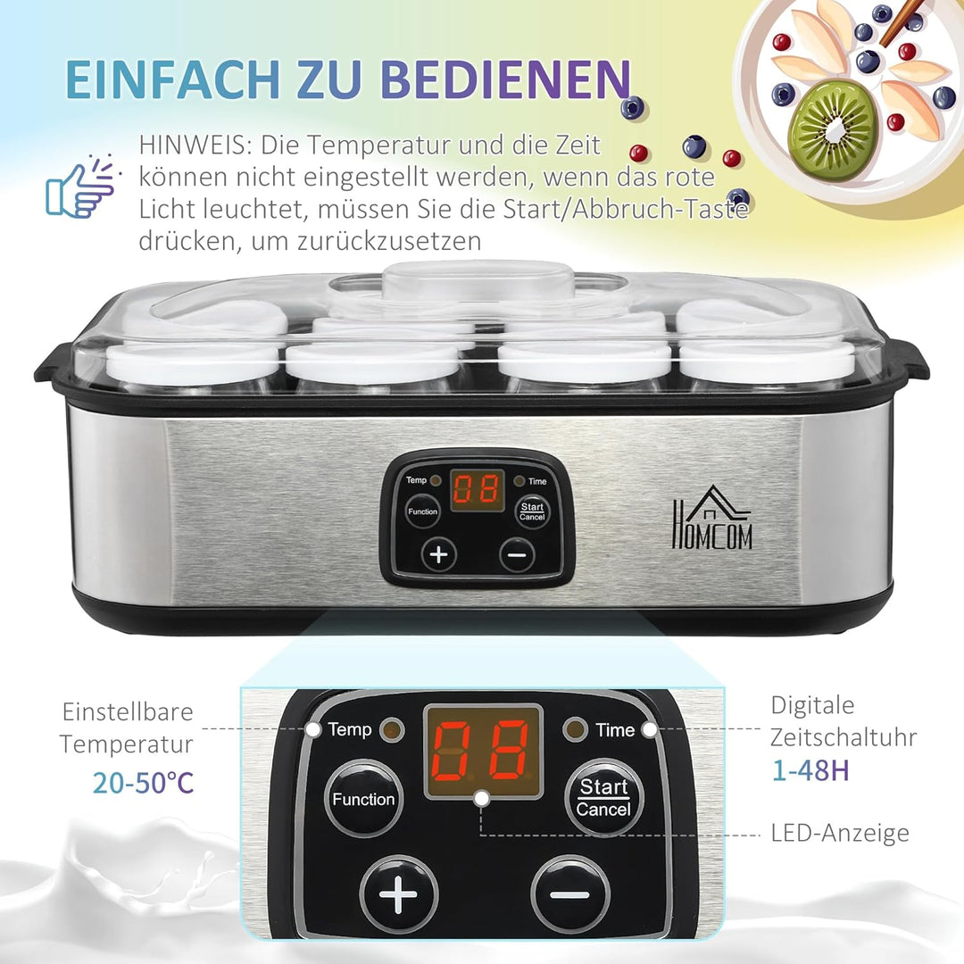 HOMCOM Joghurtbereiter 25W Joghurtmaschine mit LCD-Display 8 Joghurtgläser mit Deckel aus Glas 180ml