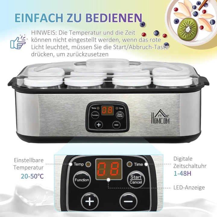 HOMCOM Joghurtbereiter 25W Joghurtmaschine mit LCD-Display 8 Joghurtgläser mit Deckel aus Glas 180ml