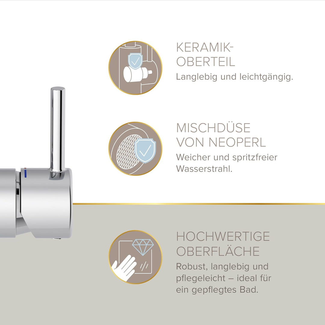Lenz Badarmatur HOKU in Chrom – Hoher Auslauf mit 360° Schwenkfunktion | Waschtischarmatur mit Easy