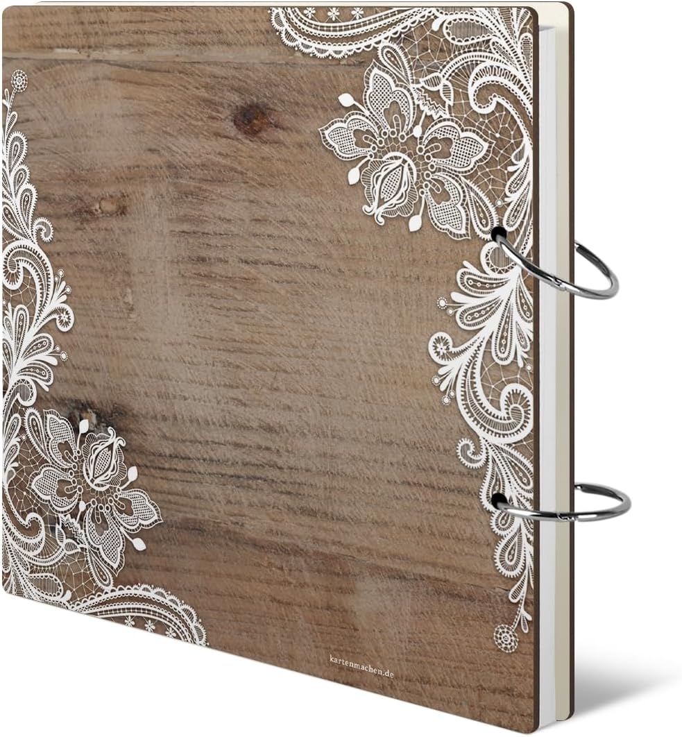 Personalisiertes Hochzeit Gästebuch - Rustikal Motiv (HDF bedruckt mit Holzmotiv und Weisser Spitze)