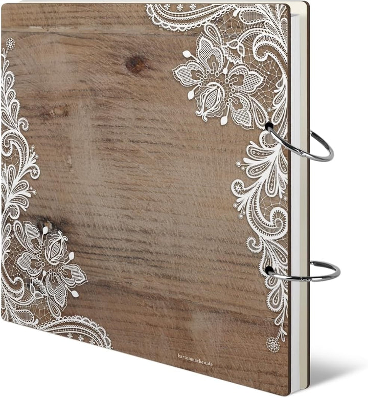 Personalisiertes Hochzeit Gästebuch - Rustikal Motiv (HDF bedruckt mit Holzmotiv und Weisser Spitze)