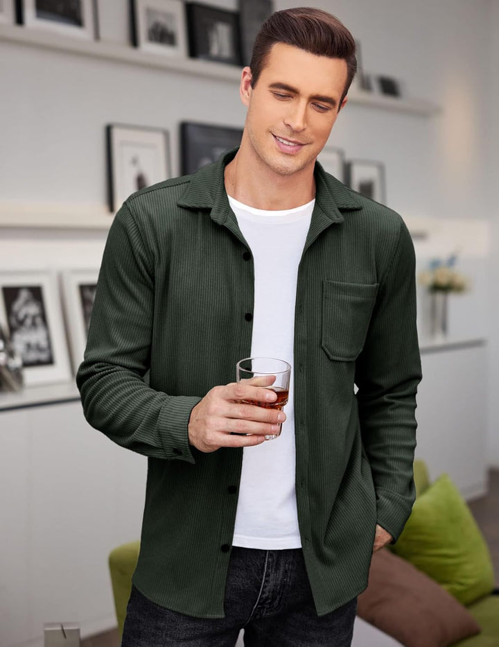 COOFANDY Herren Cord Hemd Langarm Regular Fit Freizeithemd Langarmhemd Button Up Hemdjacke mit Front