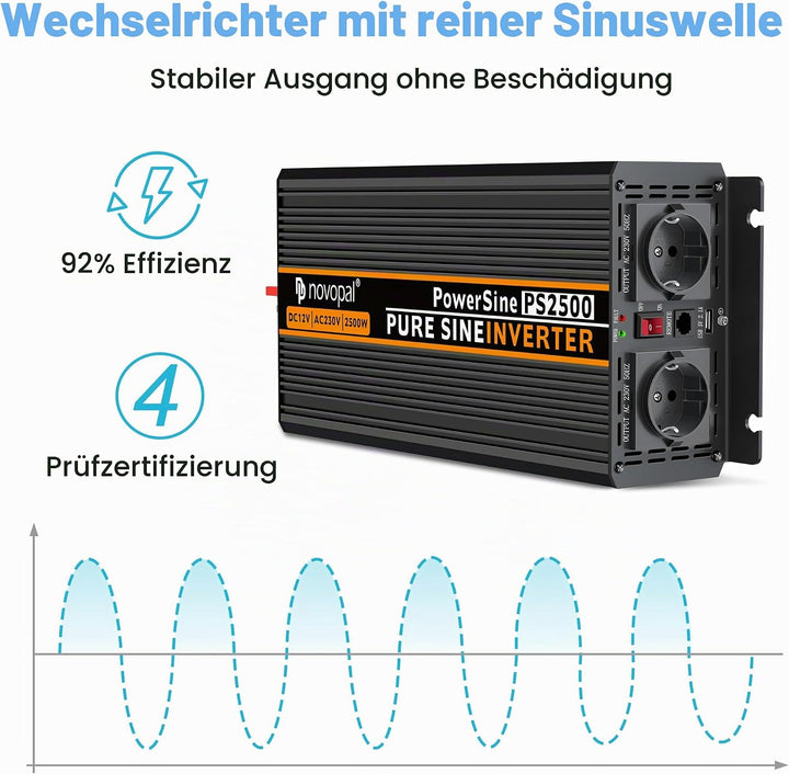 NOVOPAL 2500W Wechselrichter 12v Auf 230v Reiner Sinus Spannungswandler mit 2 EU-Steckdose und Einer