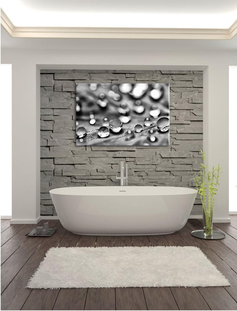 Pixxprint Monocrome, Wassertropfen auf Blatt, Format: 100x70 auf Leinwand, riesige Bilder fertig ger