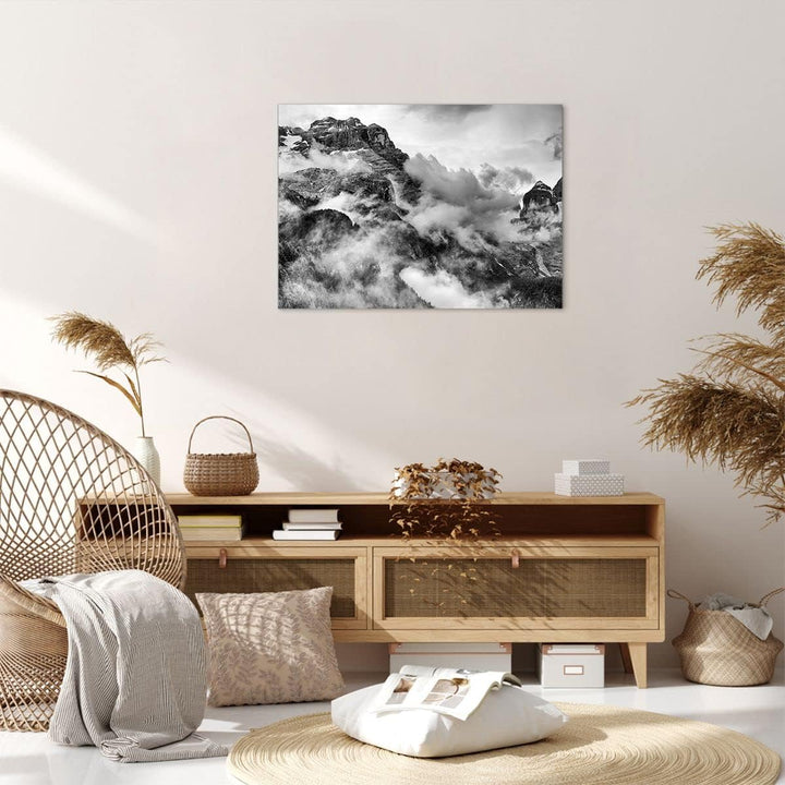 Bilder auf Leinwand Berge Nebel Gipfel Leinwandbild mit Rahmen 70x50cm Wandbilder Dekoration Wohnzim