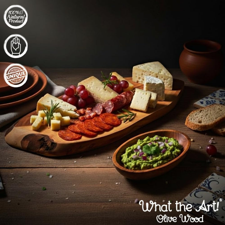 What the Art!® Olive Wood «Vesper» Gr. L | Olivenholz Schneidebrett + Dip-Schälchen | Handarbeit | c
