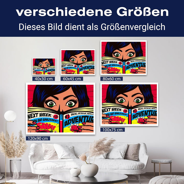 wandmotiv24 Leinwandbild Pop Art Stil, 80x60cm, Querformat, Frau, Comic, Deko, Bilder auf Leinwand,