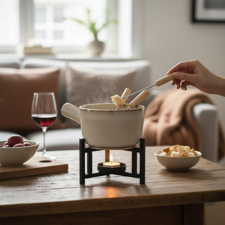 MIJOMA Fondue Set für 2 Personen – Keramiktopf mit Metallgestell & Edelstahlgabeln – Schokoladen- &
