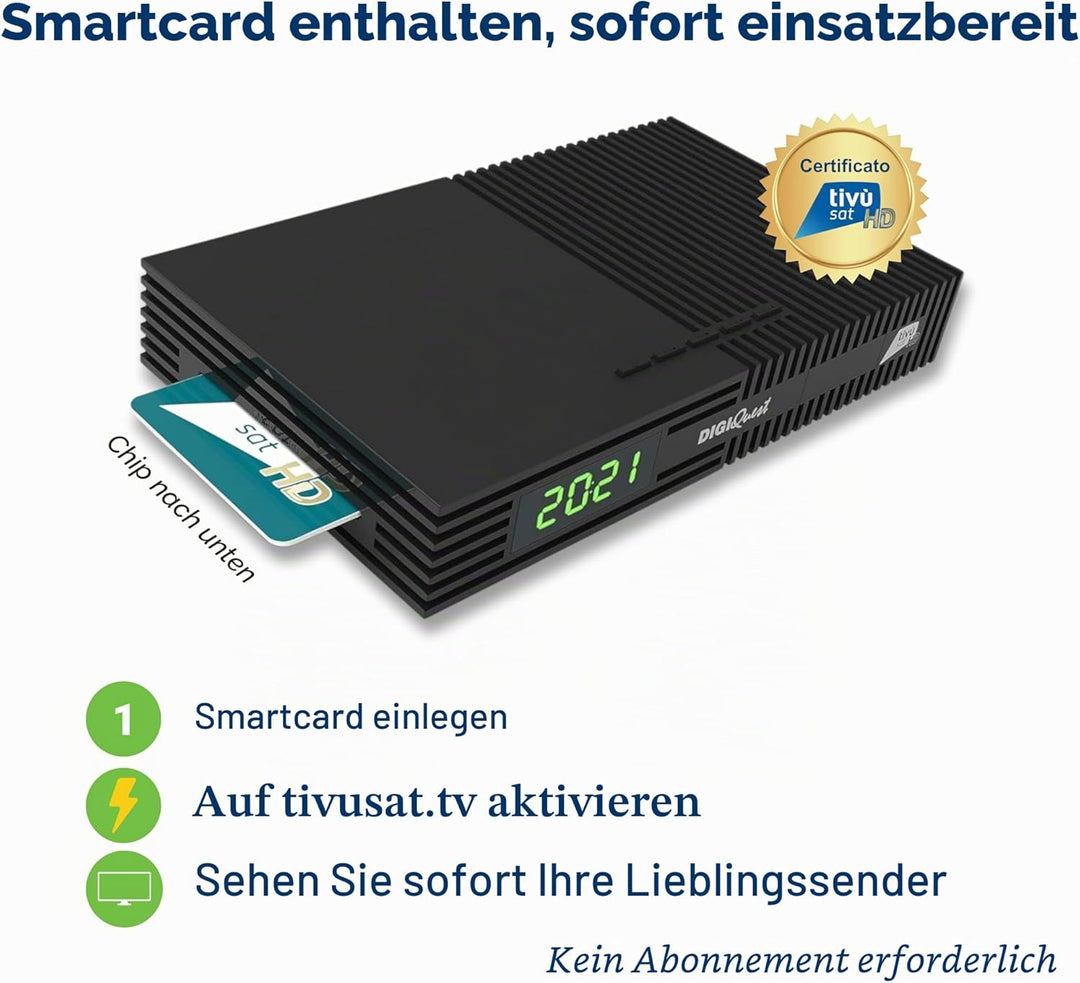 Digiquest Tivùsat Ti9 DVB-S2 Decoder mit Fernbedienung 2 in 1, schwarz, inklusive Tivusat-Karte, Auf